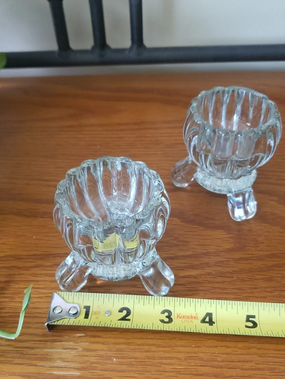 Vtg Clear Glass Triple-Leg  Candlestick Holders with Green Decorative Candles